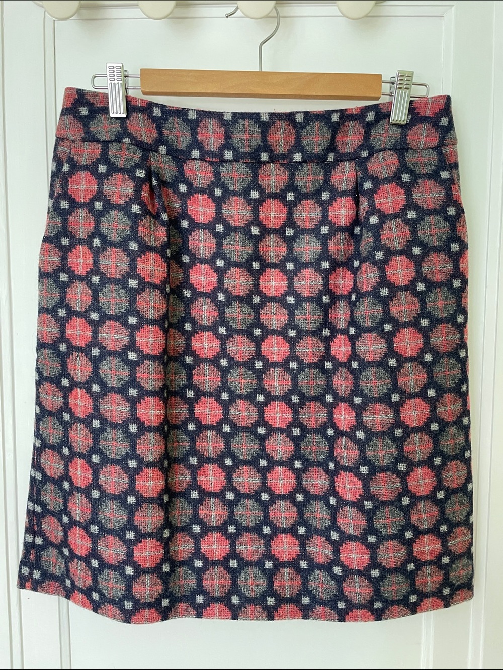 Boden Navy and Coral Geometric Wool Skirt